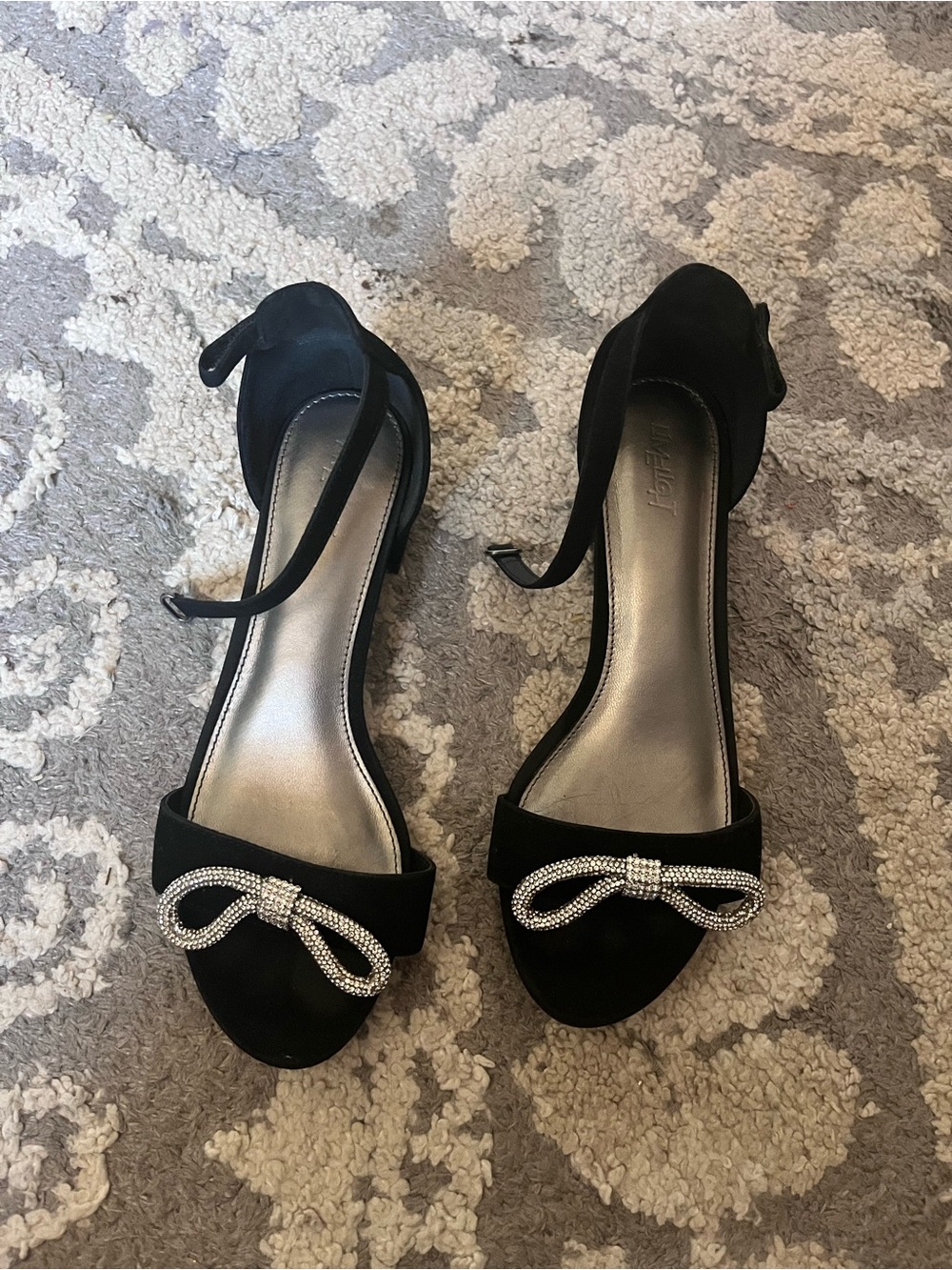 Limelight Black Open-Toe Ankle Strap Heels with Crystal Bow Accent